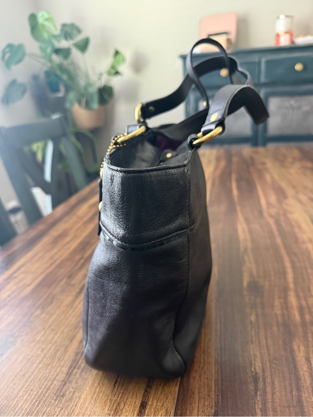Coach Black Leather Shoulder Tote with Gold Stud Accents - Picture 4 of 10